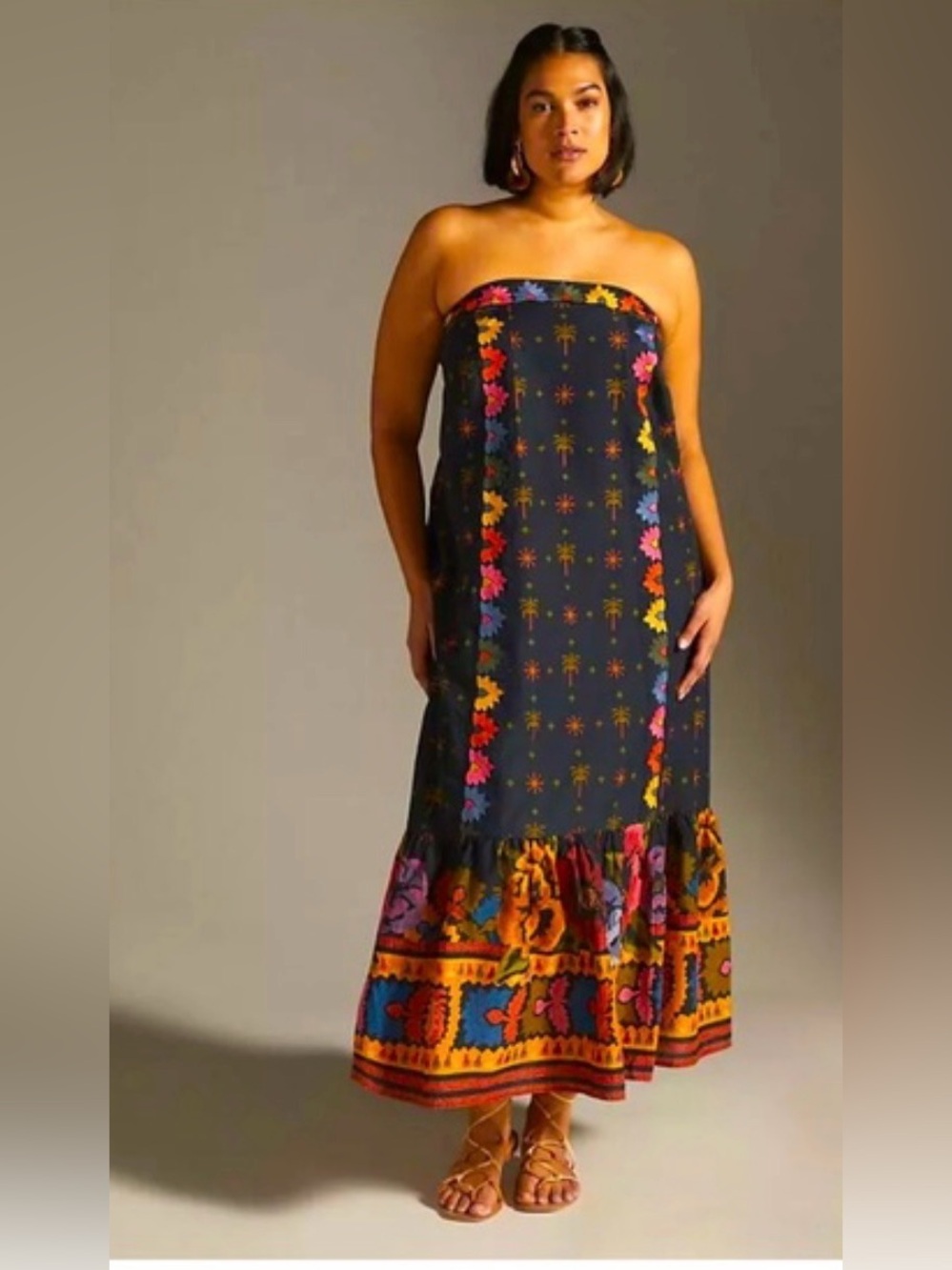 Farm Rio Anthropologie Embroidered Strapless
Maxi Dress 1X Floral Tropical Boho